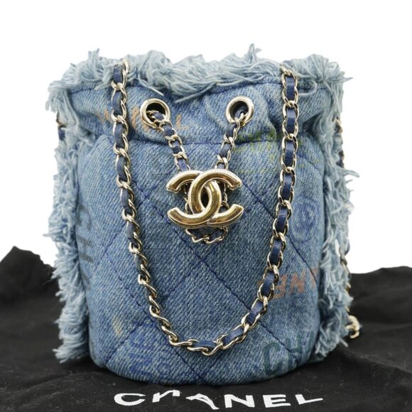 Chanel  Mood Logo Printed Quilted Denim Chain Bucket Bag Blue - Picture 3 of 15